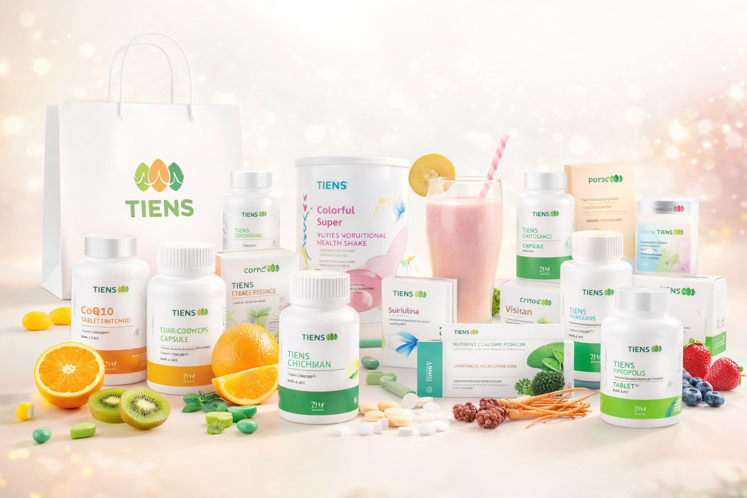“Tiens sağlık ürünleri – spirulina, chitossan, cordyceps, CoQ10 ve besin takviyeleri toplu görünüm”