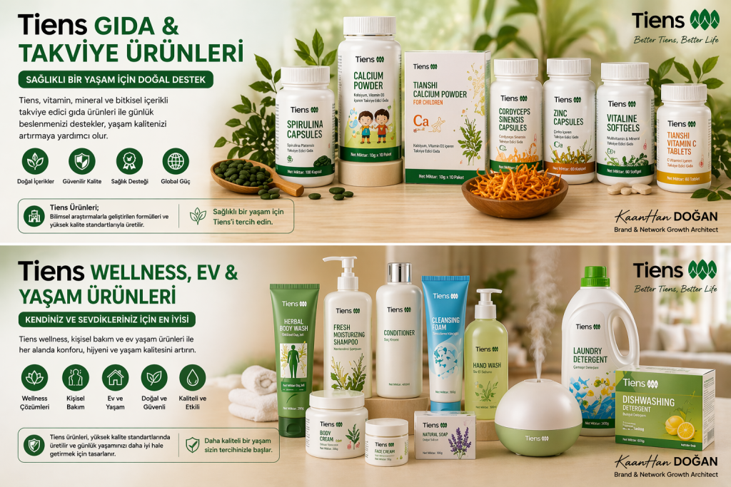 Tiens kişisel bakım, wellness ve ev yaşam ürünlerini gösteren görsel
