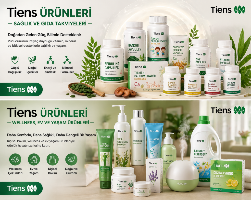 Tiens ev yaşam ve wellness ürünleri ile kişisel bakım çözümlerini gösteren görsel